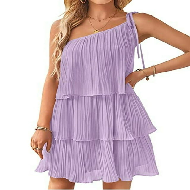 PENGXIANG Femmes Été une Épaule Robe Sans Manches Volants Couches Plissée Mini Robe une Ligne Ourlet Fluide Robe de Plage