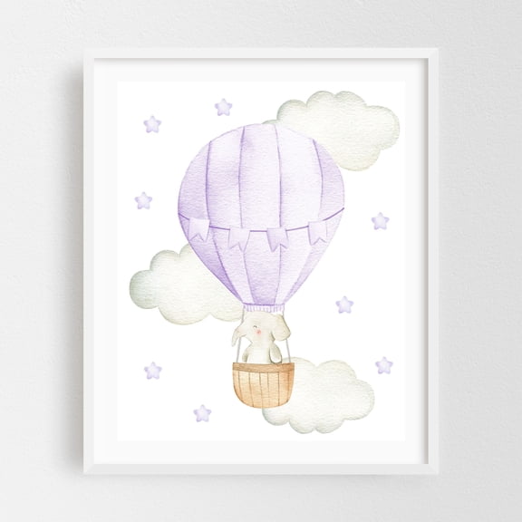 Purple Hot Air Balloon, Elephant, Safari Animals, Jungle Animals, Gender Neutral Nursery - Illustration Watercolor Hot Air Balloon Whimsical Animal White Framed Wall Art Print 12 x 16 inches