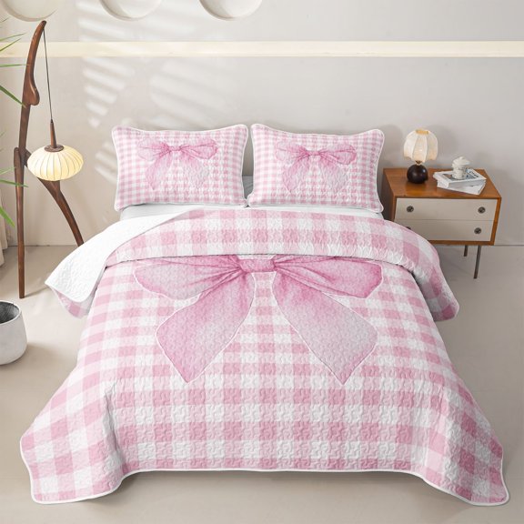 Erosebridal Pink Watercolor Bow Twin Quilt Set for Girls, Pink Bow Twin Coverlet Set for Women, 2-Piece