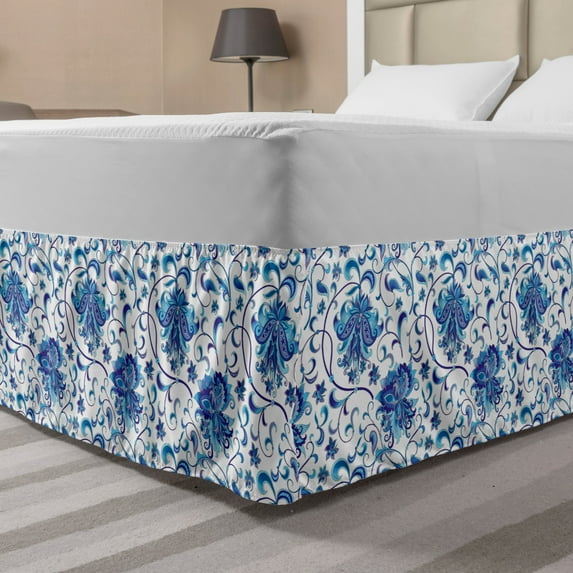 Oriental Bed Skirt, Print of Middle Eastern Style Inspired Curved Flower Branches Ceramic Art Like, Elastic Bedskirt Dust Ruffle Wrap Around for Bedding Decor, 4 Sizes, Blue Indigo, by Ambesonne