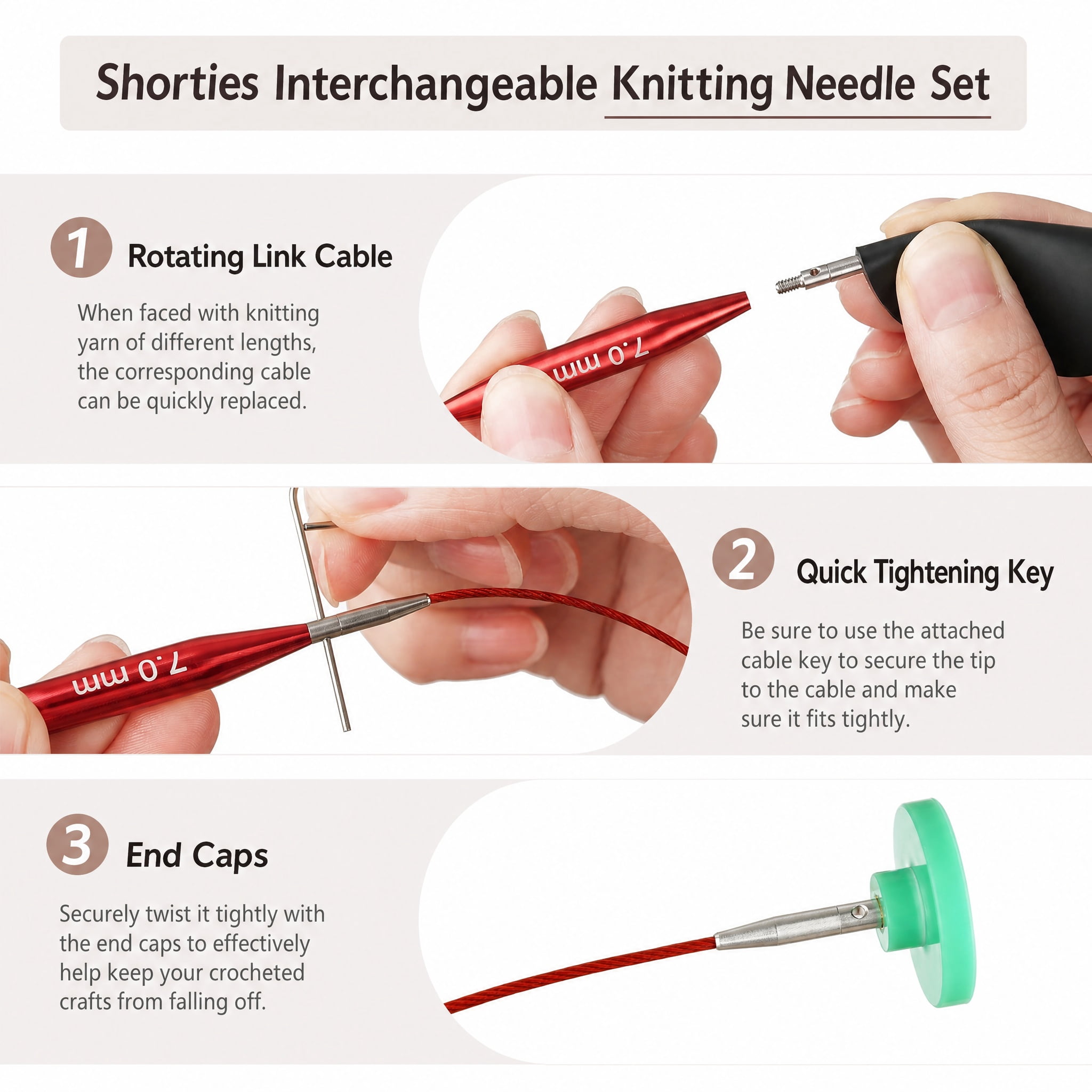 Short Interchangeable Knitting Needles Set, 2-Inch Circular Needles Kit with 12 Sizes and and Flexible Cables for Socks, Hats and Sweaters
