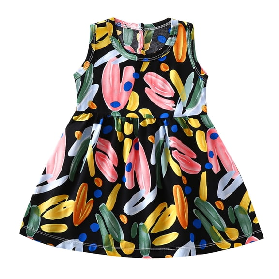 Girl Cute Dresses Sleeveless Summer Floral Dress Cotton Comfort Peplum Sundress Holiday Beach, Black, 6 Years