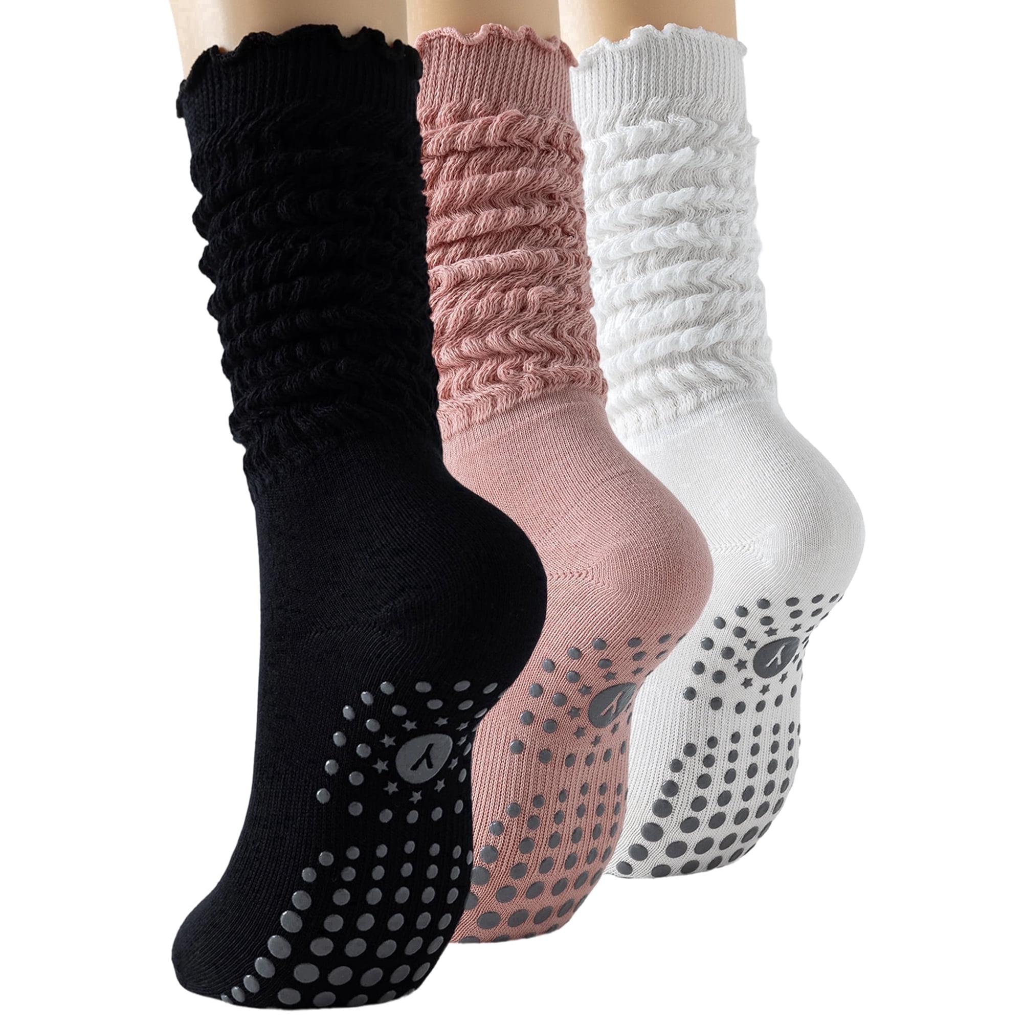 Yawlsow 3 Pairs Slouchy Socks with Grips for Women, Ruffle Non-Slip Yoga Socks for Pilates, Barre Workout, Hospital