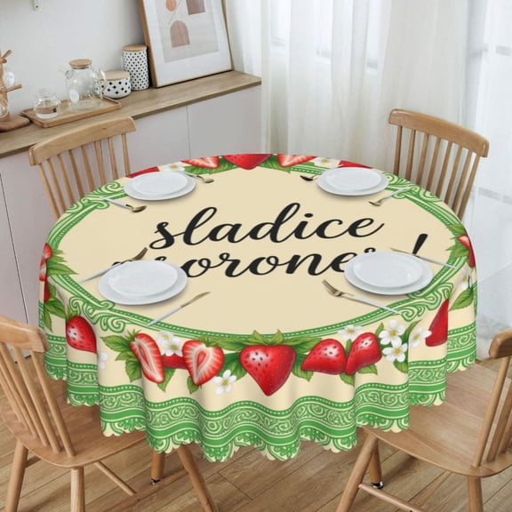 Strawberry Floral Vintage Frame Round Tablecloth Waterproof Table Cloth Stain and Wrinkle Resistant Washable, Decorative Fabric Table Cover for Dining, Party and Camping