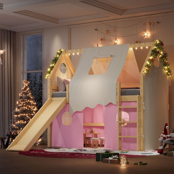 Twin Size House Loft Bed with Sills and Tents, Solid Wood Loft Bed with Ladders and Slide, Chic Design with Lights, No Box Spring Needed, Natural Pink