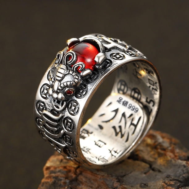 Anillo Feng Shui Mantra, anillos eficaces de protección de la riqueza para hombres y mujeres, metal plateado, mantra inscrito, tamaño ajustable, para uso en la oficina, decoración del hogar