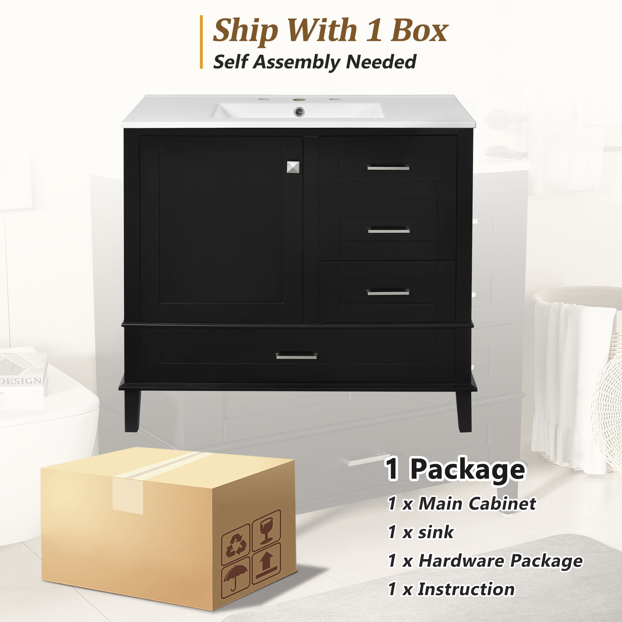 Euroco 36" Black Bathroom Vanity with Solid Pine Frame, 1 Soft Close Door and 3 Drawers , Modern Storage Cabinet
