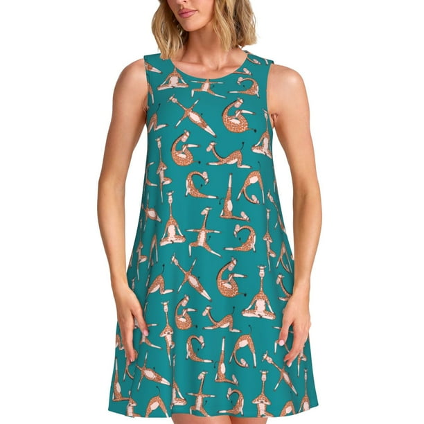 Fotbe Giraffes Doing Various Yoga Vestido de Verano sin Mangas para Mujer – Vestido Midi Línea A, Estilo Camiseta Floral, Vestido Playero Casual y Fluido