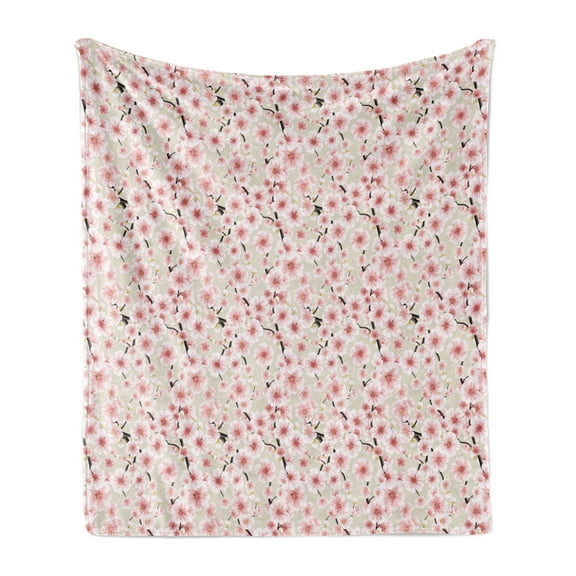 Cherry Blossom Soft Flannel Fleece Throw Blanket, Japanese Flowers Symbolic of Spring in a Random Arrangement, Cozy Plush for Indoor and Outdoor Use, 60" x 80", Coral Pale Green Brown, by Ambesonne