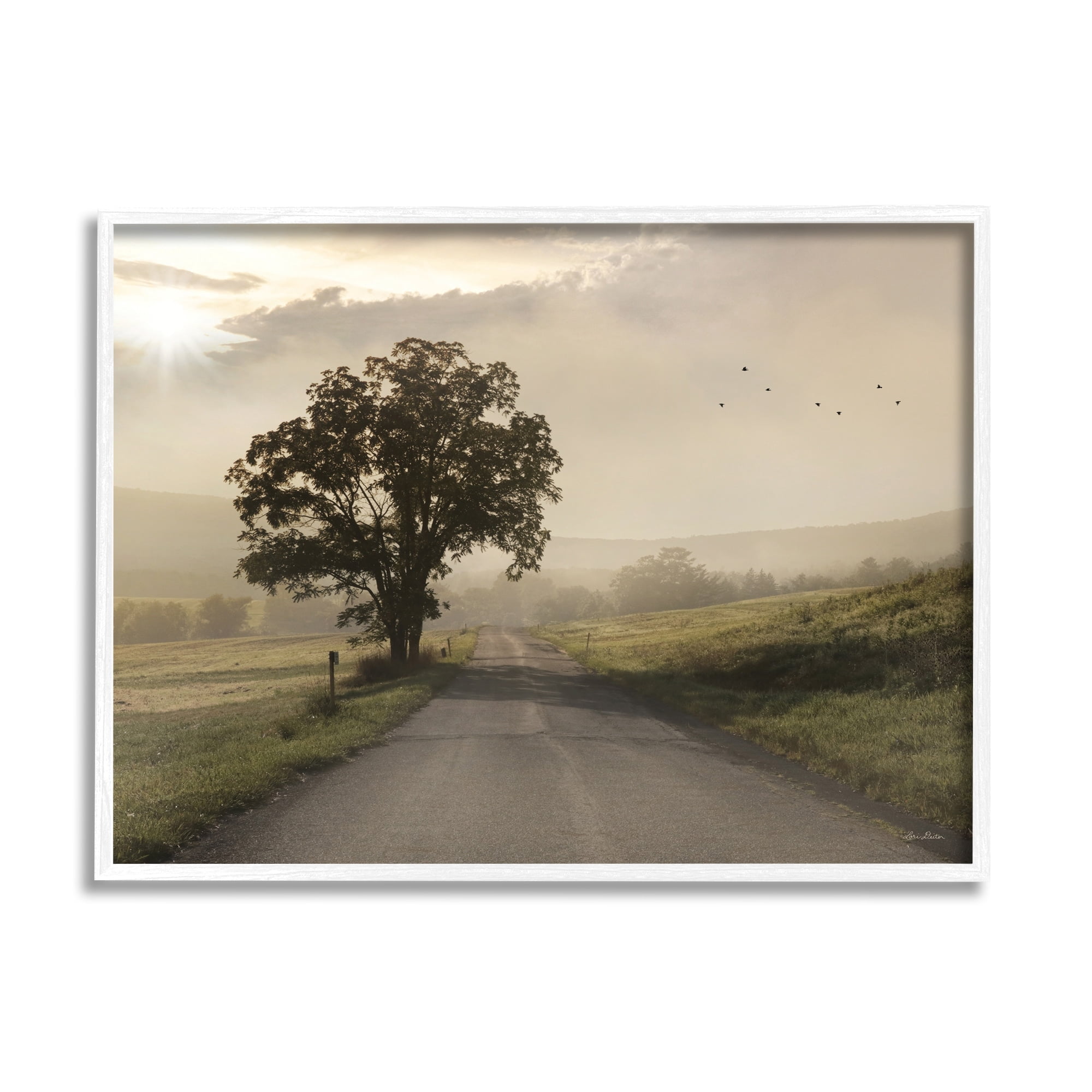 Stupell Industries Lone Tree Quiet Morning Road Rural Landscape Photograph White Framed Art Print Wall Art, Design by Lori Deiter