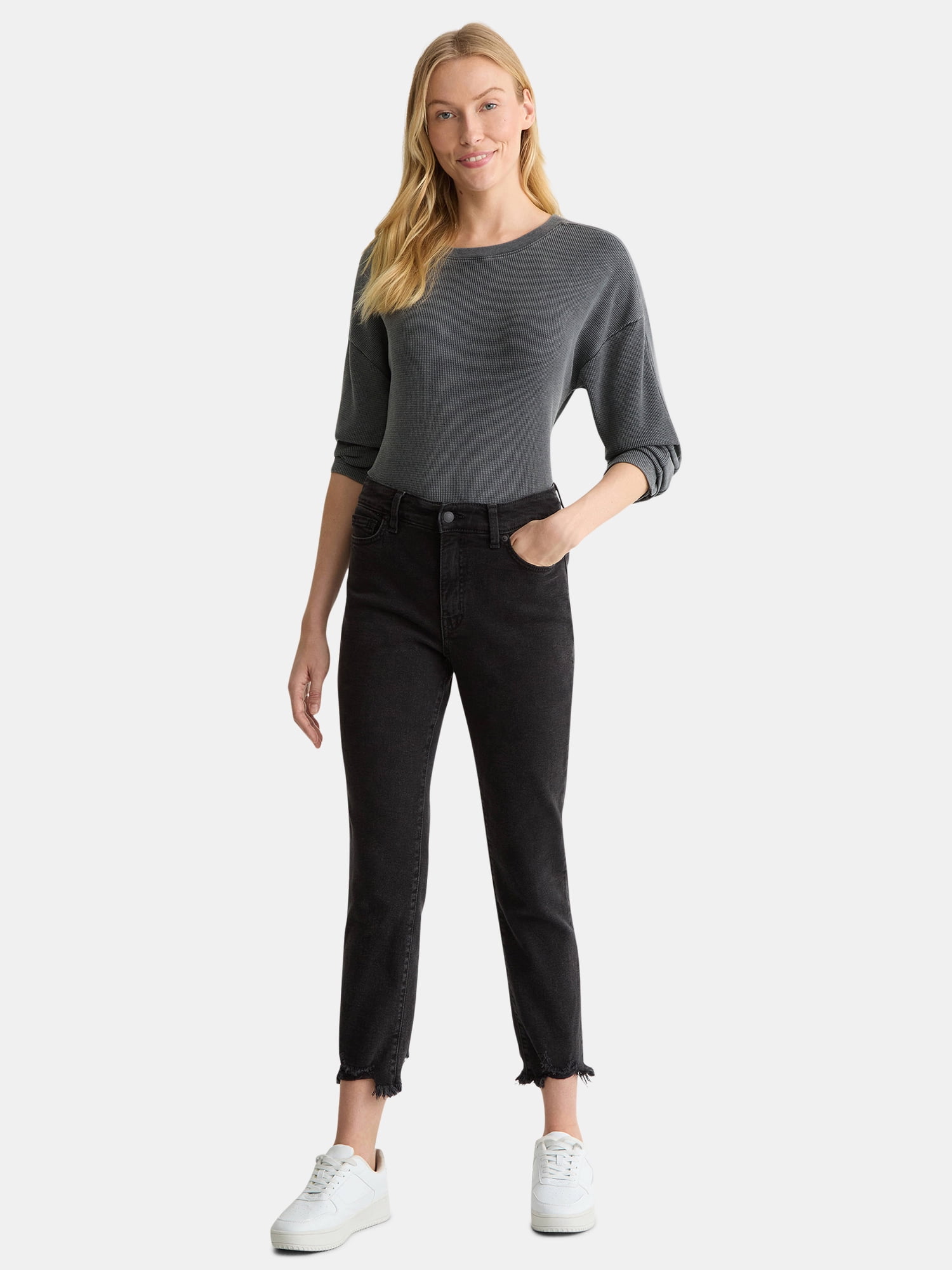 Time and Tru Women's Boxy Thermal Tee with Long Sleeves, Sizes XS-XXXL