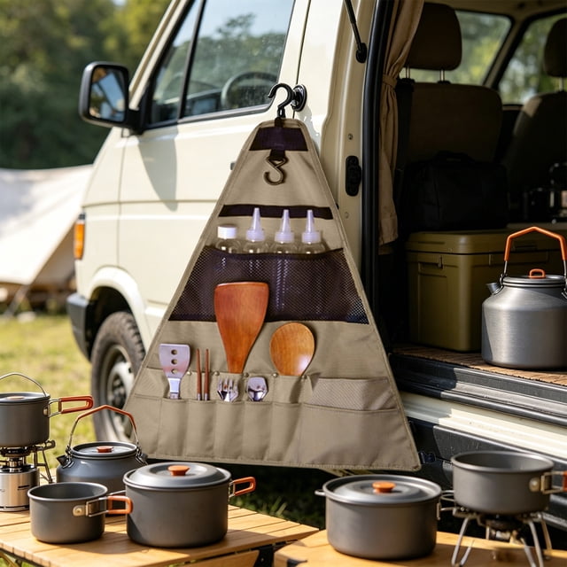 Bolsa de almacenamiento colgante para utensilios de camping con múltiples bolsillos, organizador plegable e impermeable para cocina al aire libre, viajes, autocaravanas, picnic, color caqui, 37x30 cm.