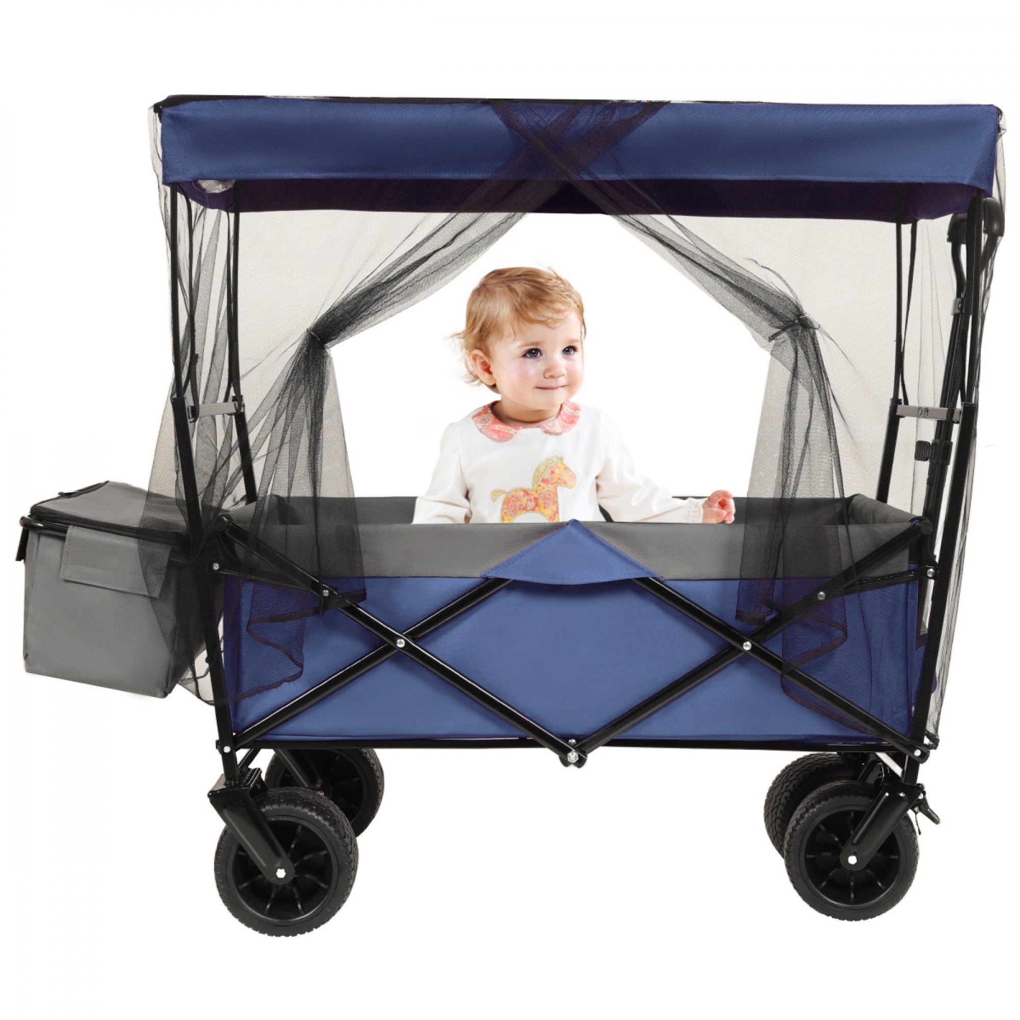 480Lbs Collapsible Wagon with Canopy, Wagon Stroller with 7" All-Terrain Wheels, Lightweight Foldable Large Capacity Wagon with Mosquito Net,Camping, Shopping, Sports & Garden Use,Dark Blue