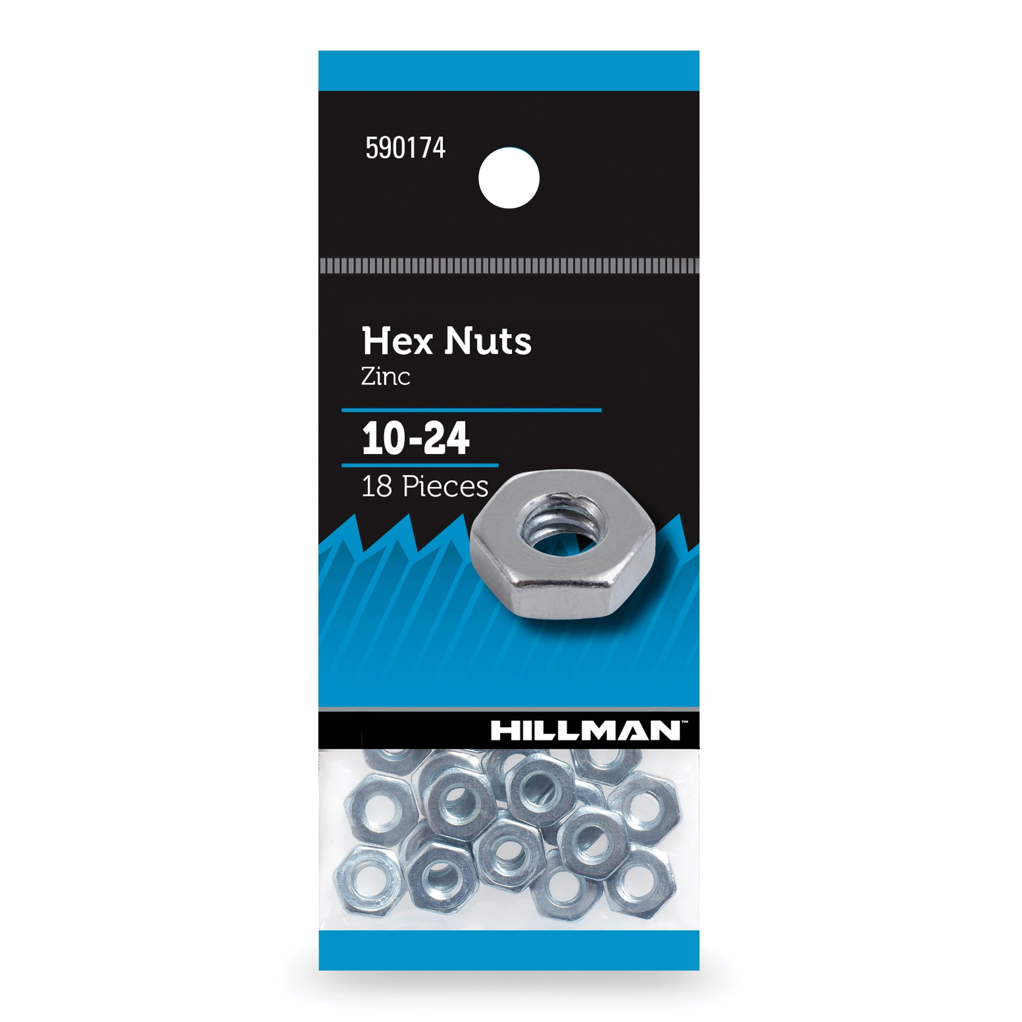 Hillman Hex Nuts #10-24 Screw Thread, Zinc Finish, Steel, Pack of 18