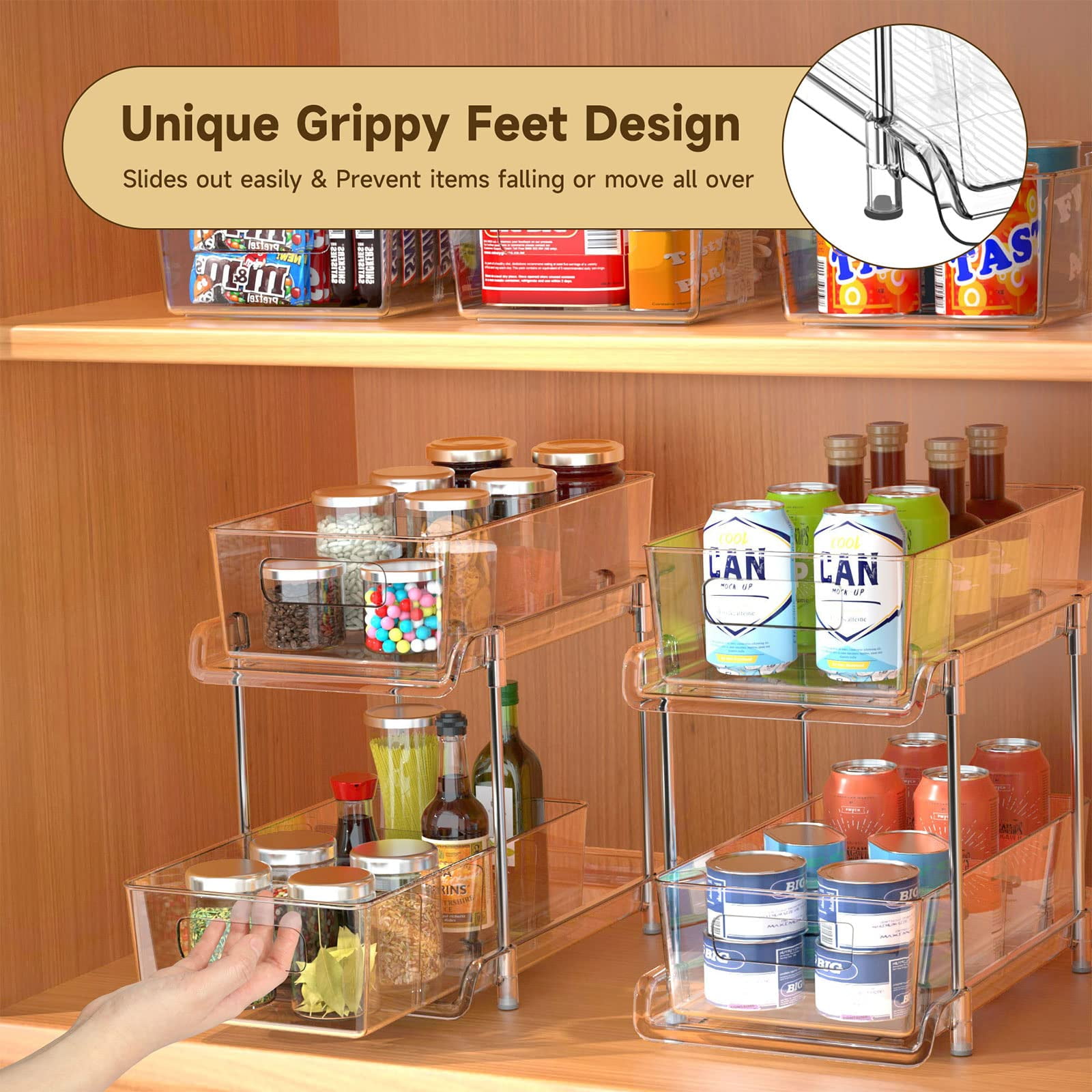 2-Tier Bathroom Organizer with Dividers, Clear Under Sink and Pull-Out Cabinet Storage for Kitchen and Pantry Organization