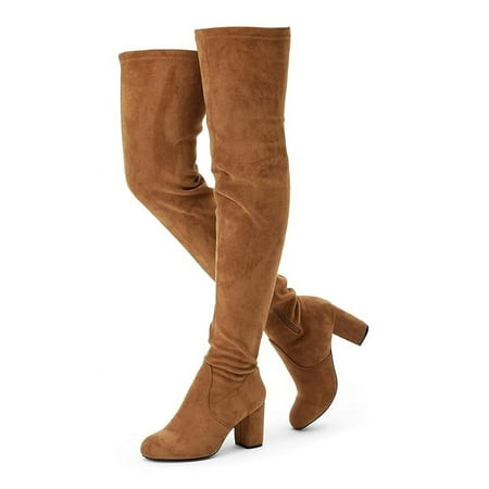 

HOLXI 2024 Womens Knee High Booties 2.76 inch Chunky Heel Boot Comfortable Thigh High Booties Shoes Brown