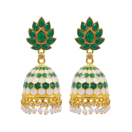 Crunchy Fashion Bollywood Jewellery Traditional Ethnic Bridal Bride Wedding Bridesmaid Gold-plated Meenakari Floral Green Jhumka Earrings