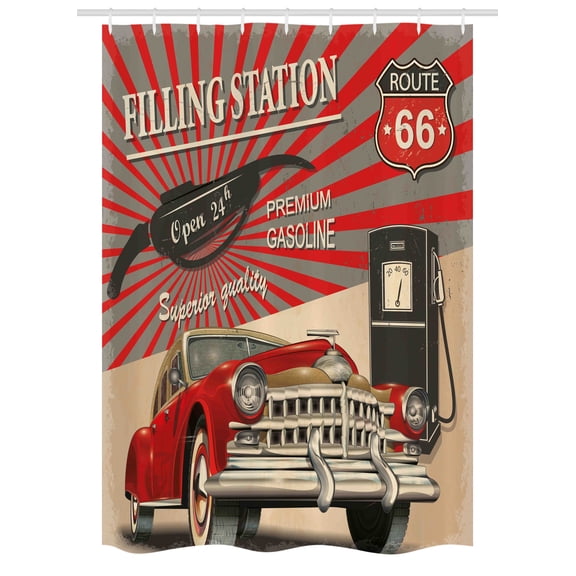 Cars Stall Shower Curtain, Poster Style Image Gasoline Station Commercial Kitschy Element Route 66 Print, Fabric Bathroom Set with Hooks, 54W X 78L Inches, Vermilion Beige, by Ambesonne