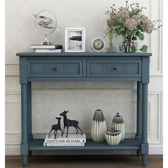 Entryway Table with Drawers, SEGMART Console Table with Storage, Solid Wood Vintage Sofa Table with Bottom Shelf, Modern Entry Table Hallway Table for Living Room Entryway Hallway Foyer, Navy
