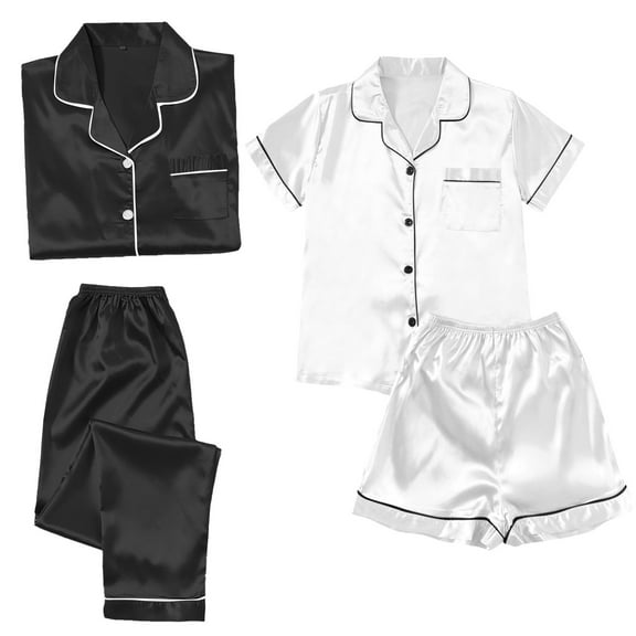 Seductiva Clothing 2 Piece Lounge Pjs Satin Pyjamas Women's Short 4 Piece Pyjamas Short Sleeve Sleepwear and Shorts Set Women Sets Leisure Suit Loungewear