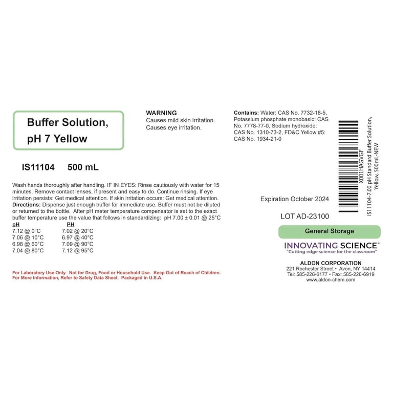 7.00 pH Standard Buffer Solution, Yellow, 500mL - The Curated