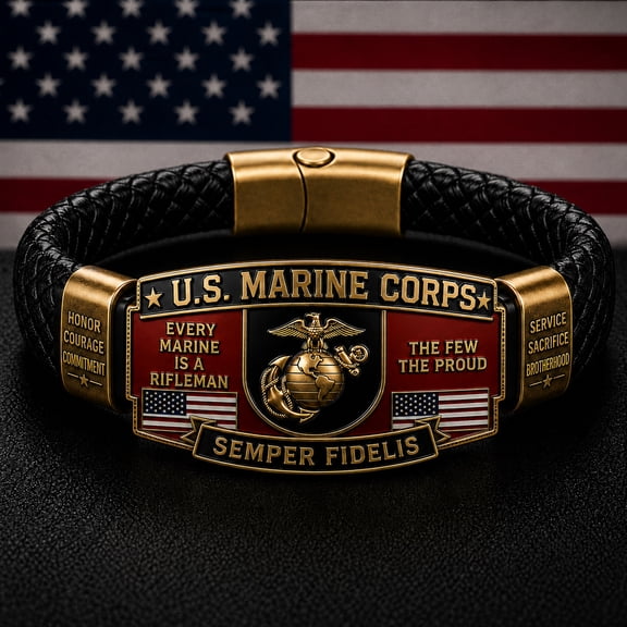 U.S. Marine Corps Bracelet for Men,Black Braided Leather Bracelet with Emblem,Veteran Patriotic Gift