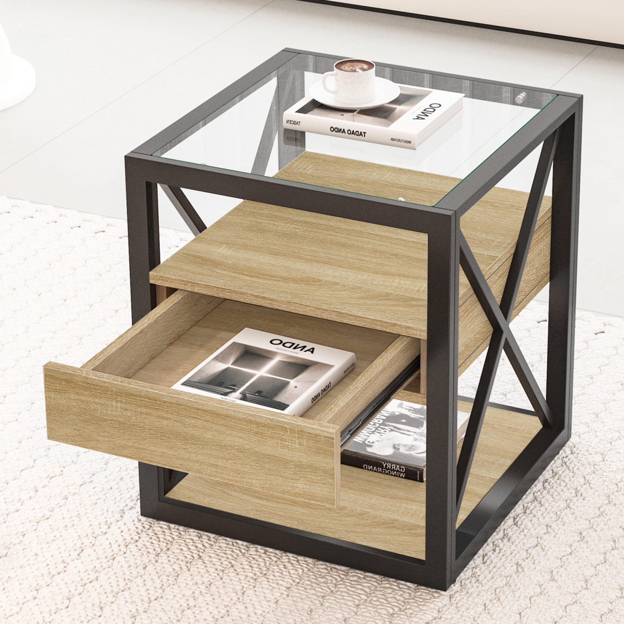 Leumius 2-Tier End Table with Drawer,Modern Nightstand Bedside Table for Living Room Bedroom,Wood