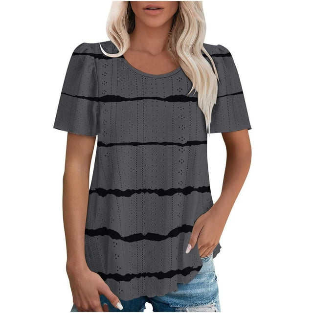Plebaso T-shirts à Oeillets pour Femmes, Rayés, Manches Courtes, Décontractés, Col Ras du Cou, Mode Été, Chemisiers, Hauts