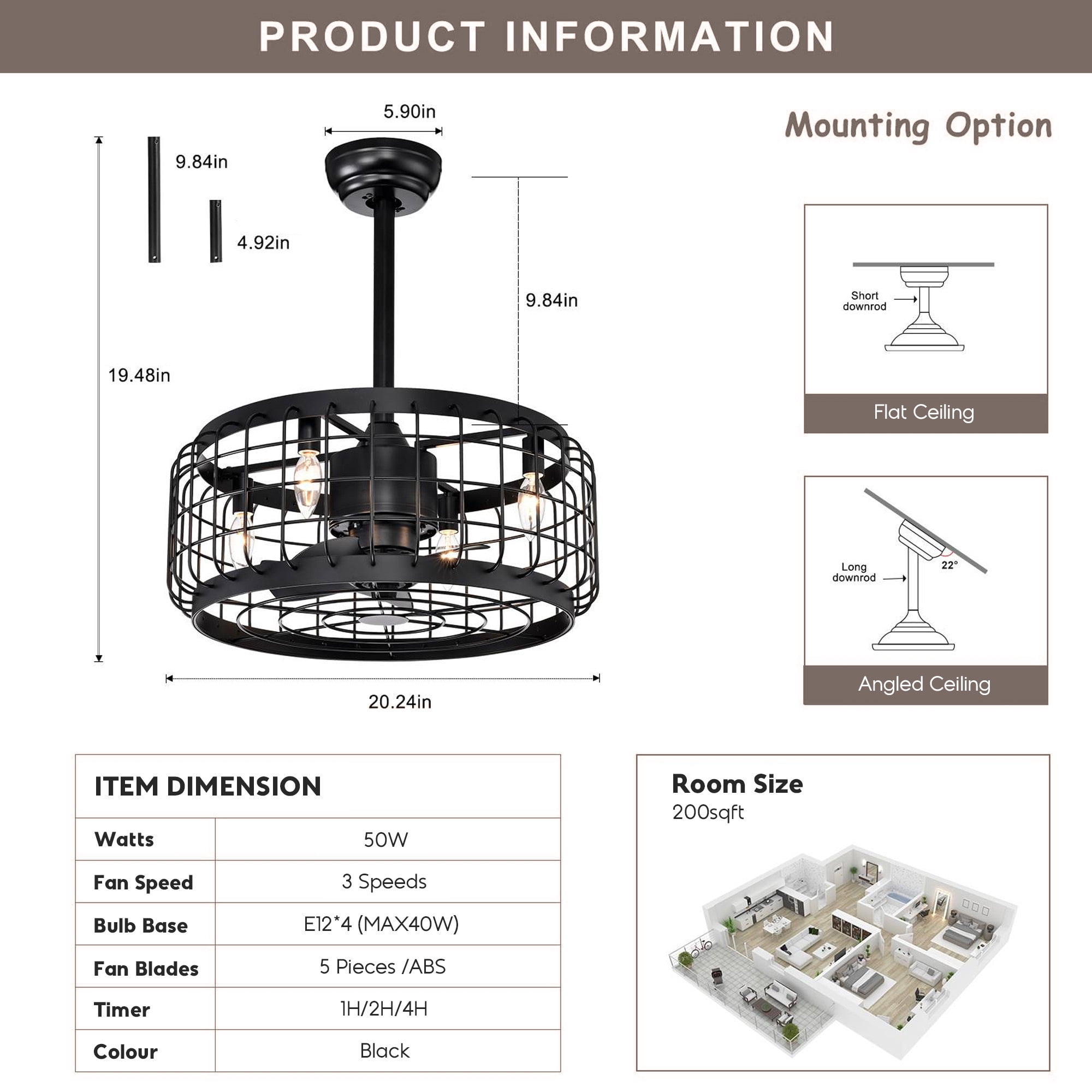 20"Aukfa Ceiling Fan with Light, Cage Ceiling Fan for Bedroom, Kitchen, Living Room with Timing,Black