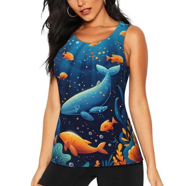 Fotbe Whimsical Underwater Fantasy Blusas Sin Mangas para Mujer – Estilo Casual, Corte Suelto, Slim-Fit, Cuello Redondo Deportivo, Tops de Verano para Gimnasio y Yoga-XX-Large