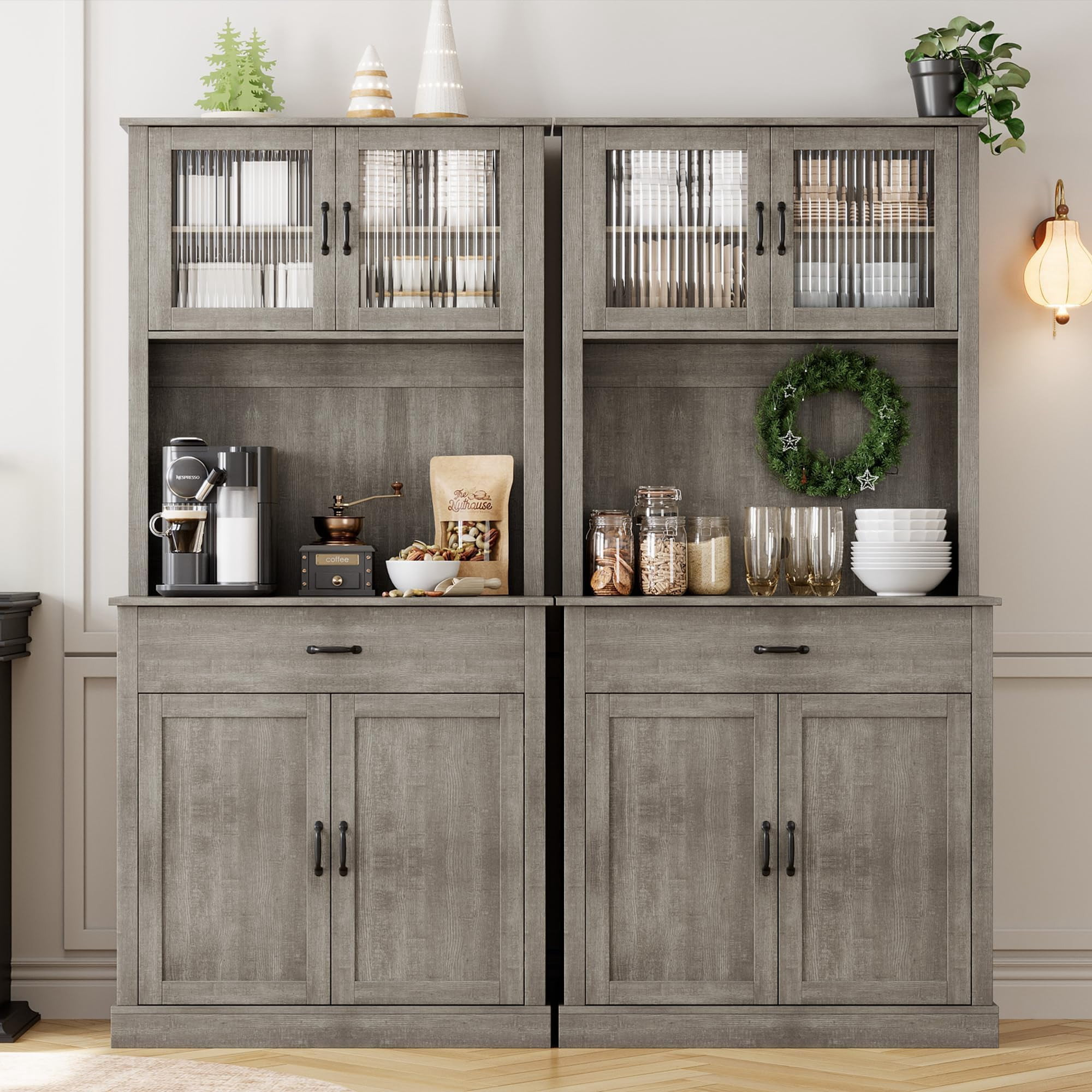 Huisuilinss Kitchen Pantry,71" Tall Pantry Storage Cabinet With Microwave Stand,Kitchen Hutch Cupboard,Freestanding Sideboard Buffet With Drawer,Shelves And Glass Doors,Coffee Bar For Home Dining Room