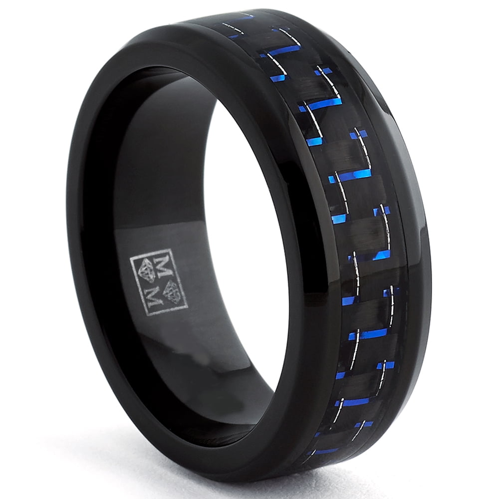 Men s Black Titanium Wedding Band Ring with Black and Blue Carbon Fiber inlay Comfort fit 8mm Walmart