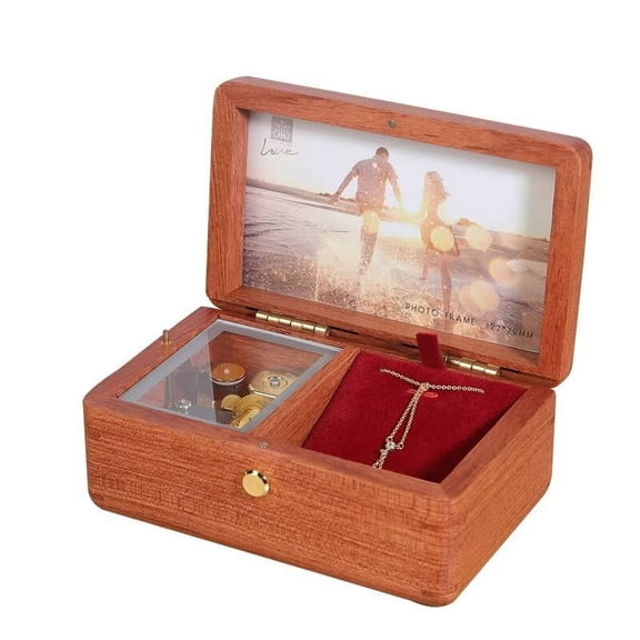 A-Waroom Natural Rosewood Wooden Music Jewelry Box for Women with Customizable Photos Wind Up Musical Box Gifts for Christmas,Birthday and Valentine's Day