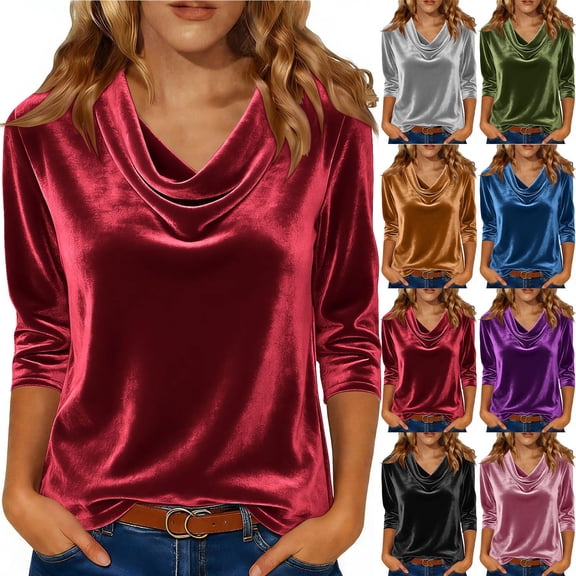 Ladies Velvet Elegant Drape Front Pleated Collar Three Quarter Sleeve Shirt Blouse Top Loose Fit Holiday Party Cocktail Christmas Festive Gift for Women | CSEONE,Army Green L