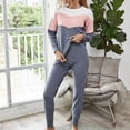 thumbnail image 2 of Cuello Redondo Top Pantalones Loungewear 2 Piezas Contraste Color Manga Larga Cintura Lazo Mujeres Casual Ropa De Dormir De Punto Gris S, 2 of 6
