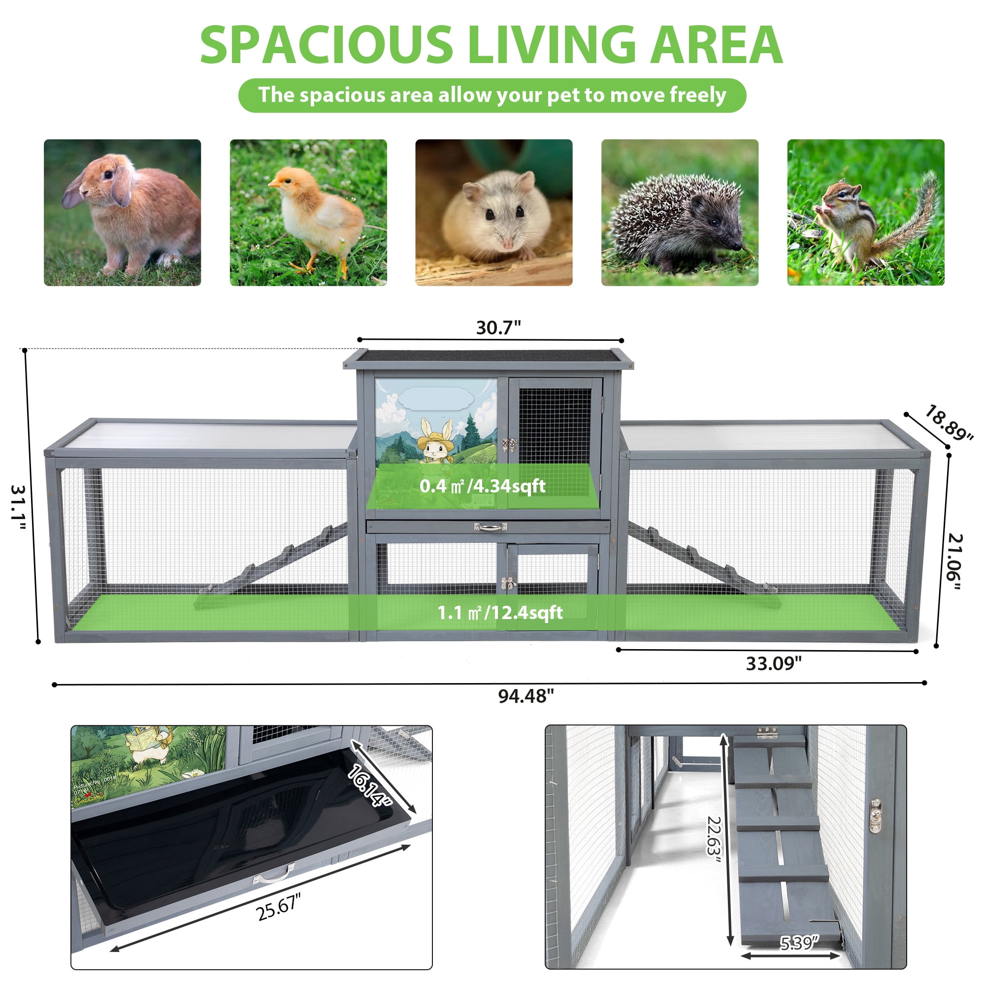Outdoor 2-Story Rabbit Hutch, Chicken Coop,Large Bunny House with 2 Runs, Resting Room, PC Sun Roof, Pull-Out Tray,Guinea Pig Cage Enclosure