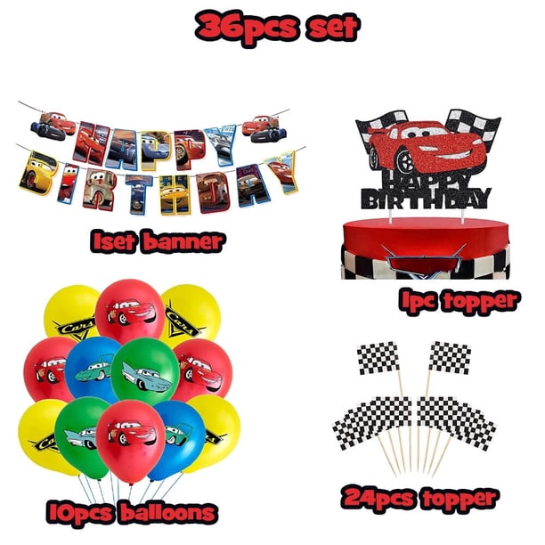 Juego de vajilla y vasos de Rayo McQueen de Cars, globos, decoraciones para fiesta de cumpleaños, suministros para fiestas de coches de carreras para niños y niñas