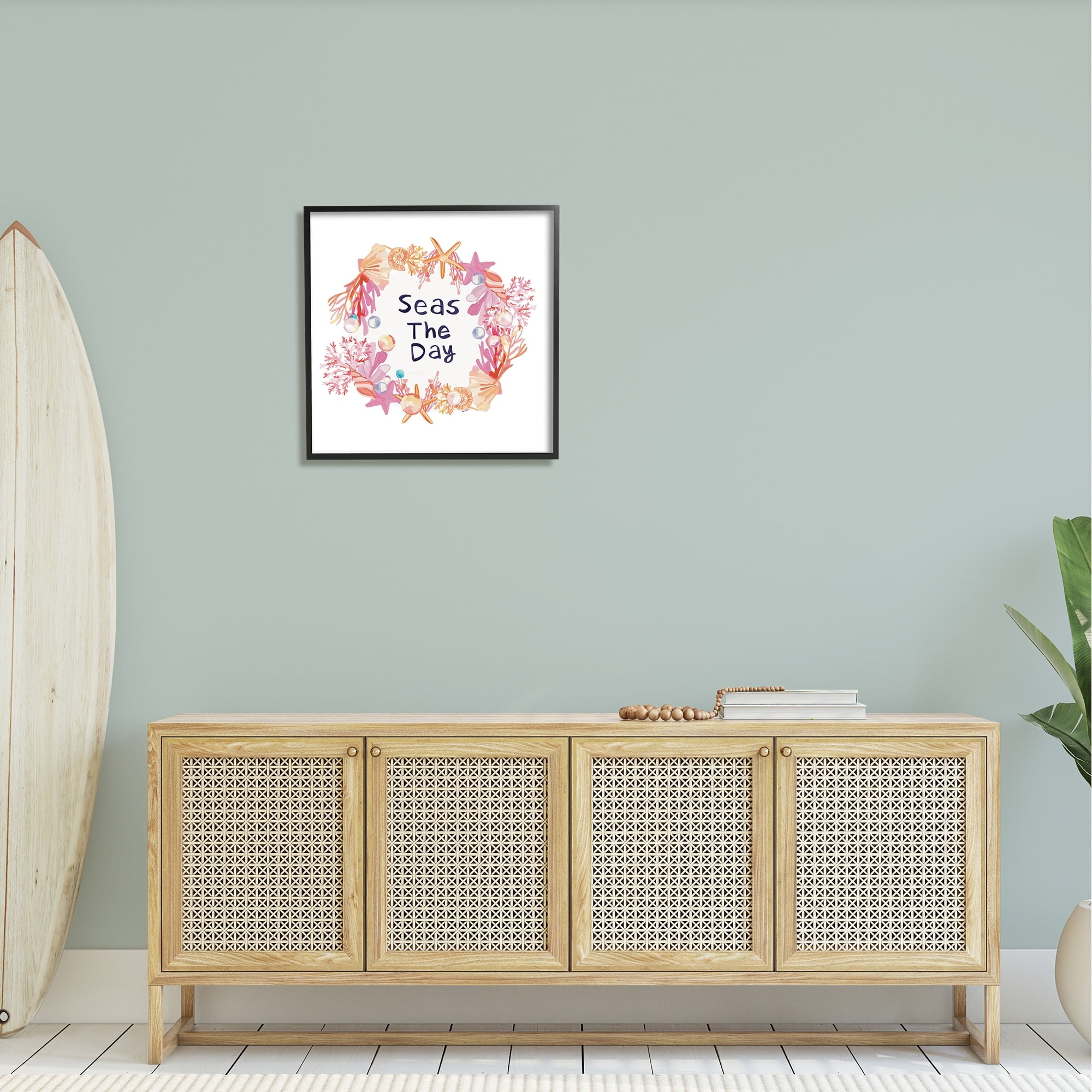 Stupell Industries Seas The Day Marine Life Coral Botanical Wreath Graphic Art Black Framed Art Print Wall Art, Design by Amelia Noyes
