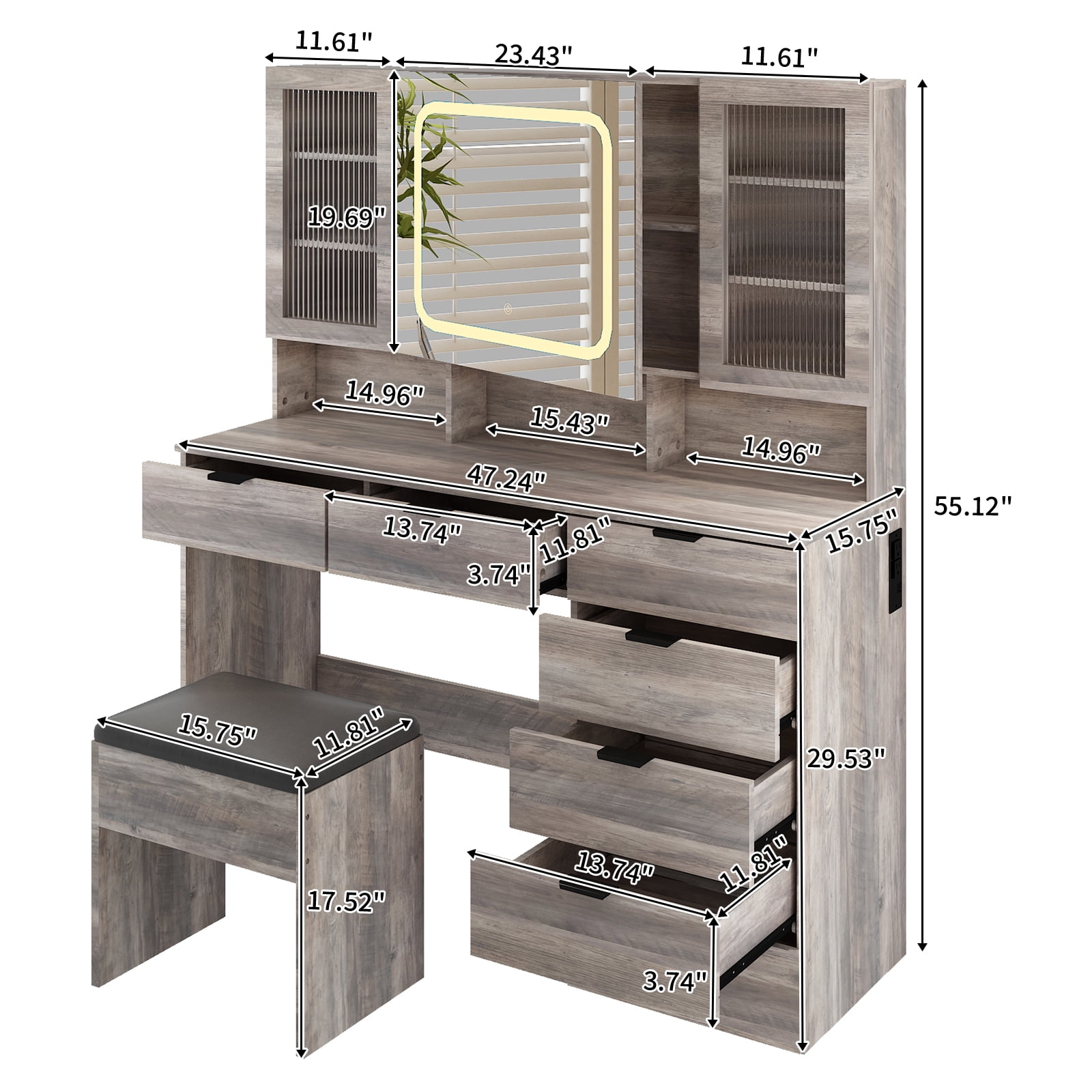 Ktaxon Large 47.24" Makeup Vanity Table Set with Hidden Storage, 7-Drawer Dressing Table, Bedroom Makeup Table, Gray