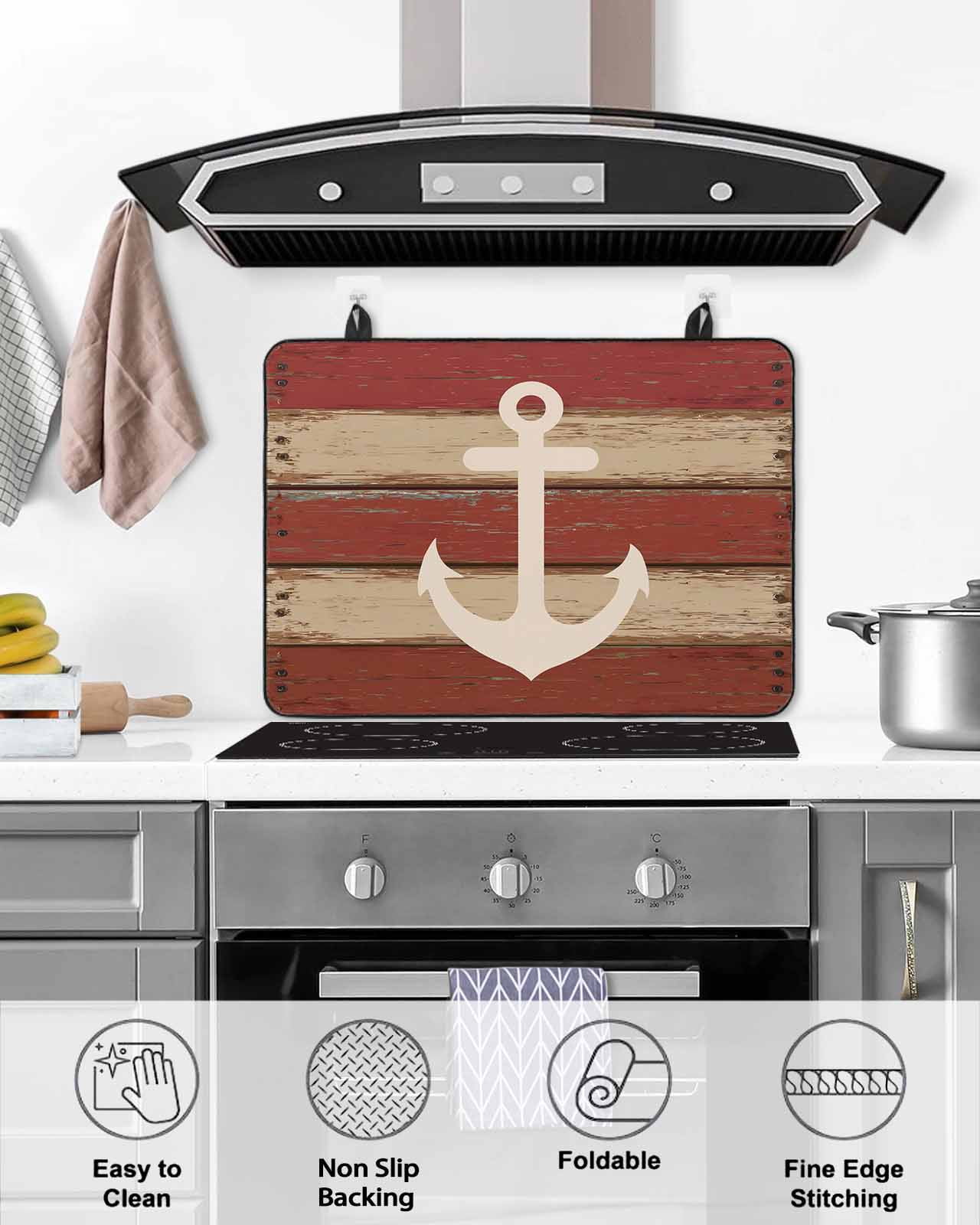 Large Induction Cooktop Protector Mat Nautical Anchor Stove Top Covers for Electric Stove, Red Beige Rretro Wooden Board Textures Decorative Stove Burner Cover Mats, Glass Top Stove Cover