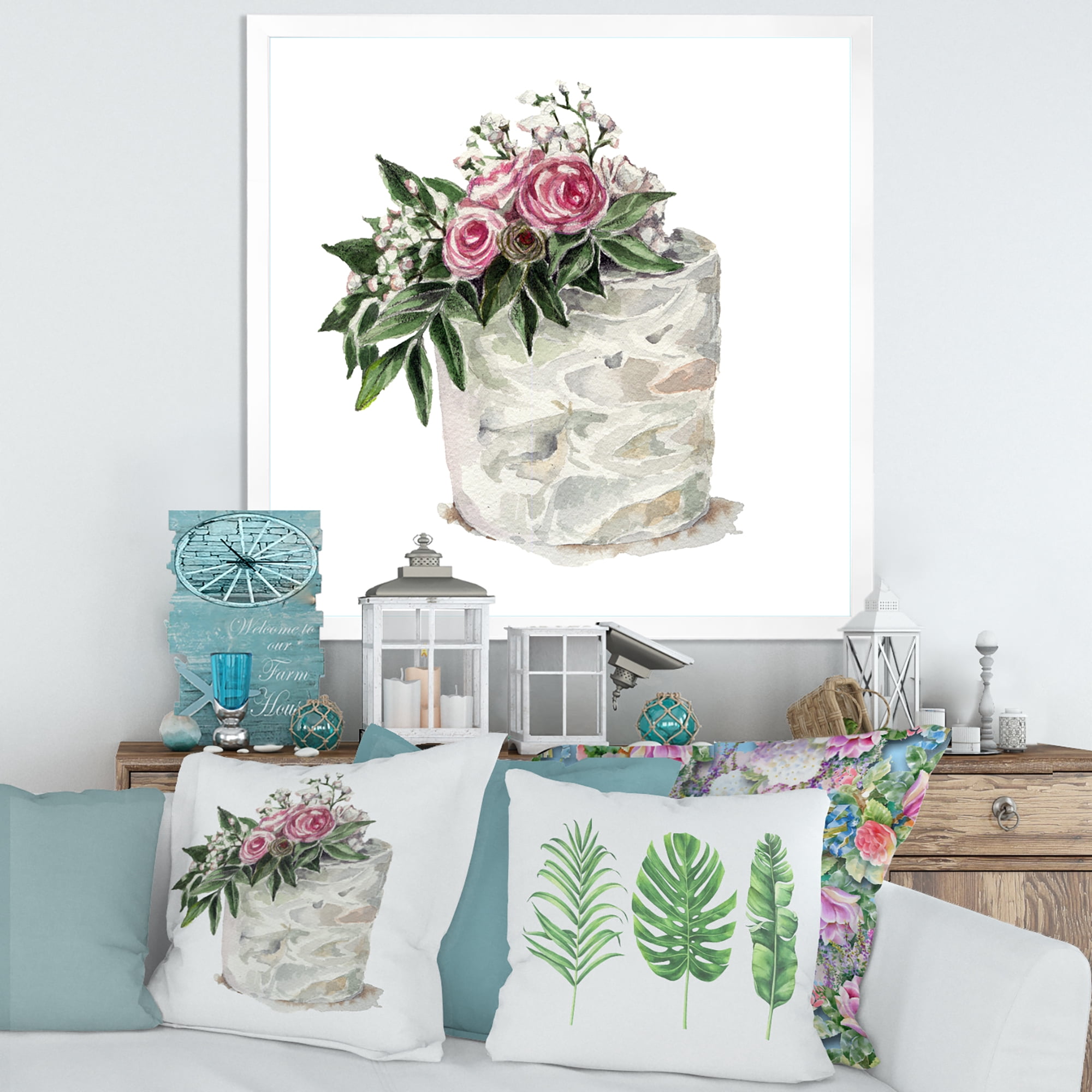 Designart 'White Flowers and Pink Roses On Cake' Traditional Framed Art Print