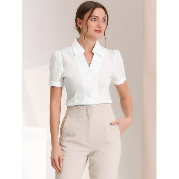 Tops de trabajo con cuello en V para mujer camisa de manga corta con botones blanco L Allegra K Blusa