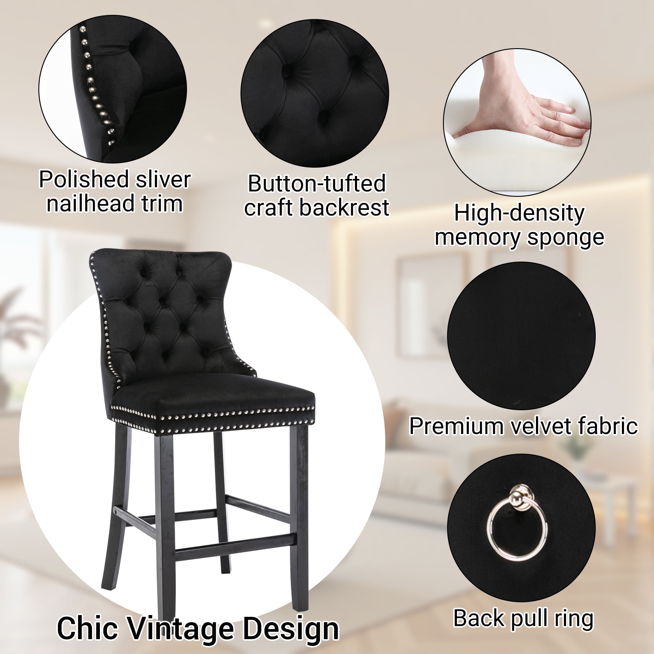 Paproos Upholstered Bar Stools Set of 2, Velvet Barstools with Wood Legs and Tufted, Modern Leisure Counter Height Bar Chairs with Chrome Nailhead Trim for Home Pub and Kitchen Island, Black