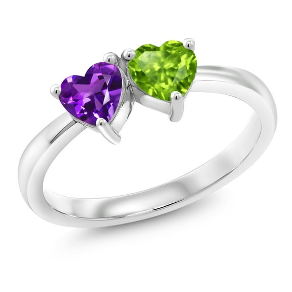 Gem Stone King 0.92 Cttw Heart Shape Purple Amethyst and Green Peridot Ring for Women | 925 Sterling Silver | 2-Stone Wedding Engagement Anniversary Promise Ring for Women | Size 5-9 | Size 7