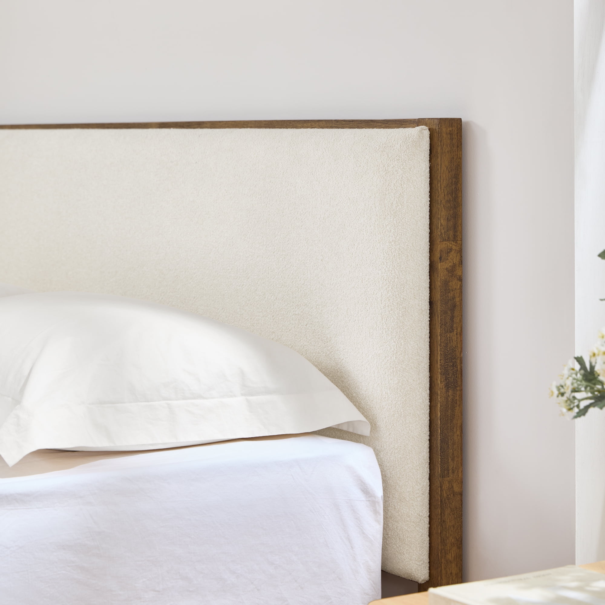 Spruce & Spring Modern Bouclé Platform Bed with Upholstered Headboard & Solid Wood Frame Walnut, Queen