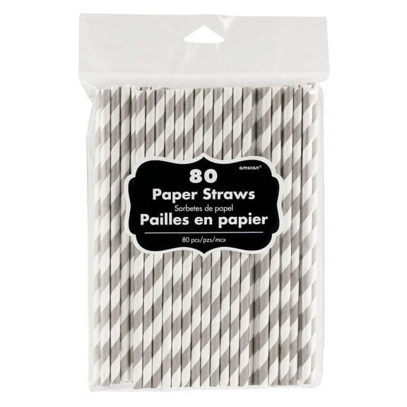 Amscan Striped Paper Straws, 7-3/4", Silver, Pack Of 80 Straws