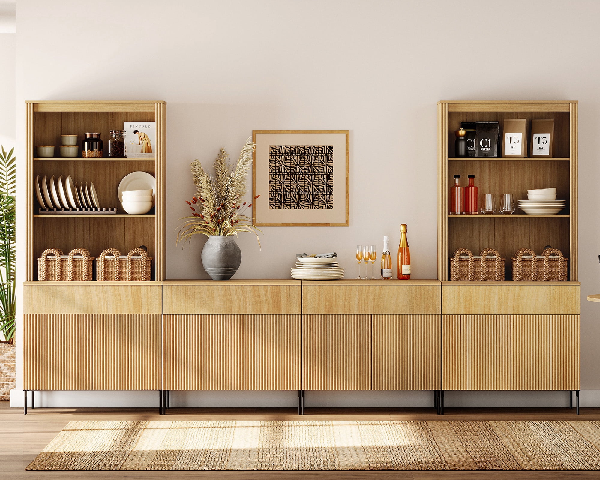 71.6"H X 126"W Set Of 4 Bookcase with Storage Cabinets, 14 Tier Bookshelf with Fluted Doors and Drawers, Large Modern Display Cabinet For Living Room Bedroom Home Office Kitchen