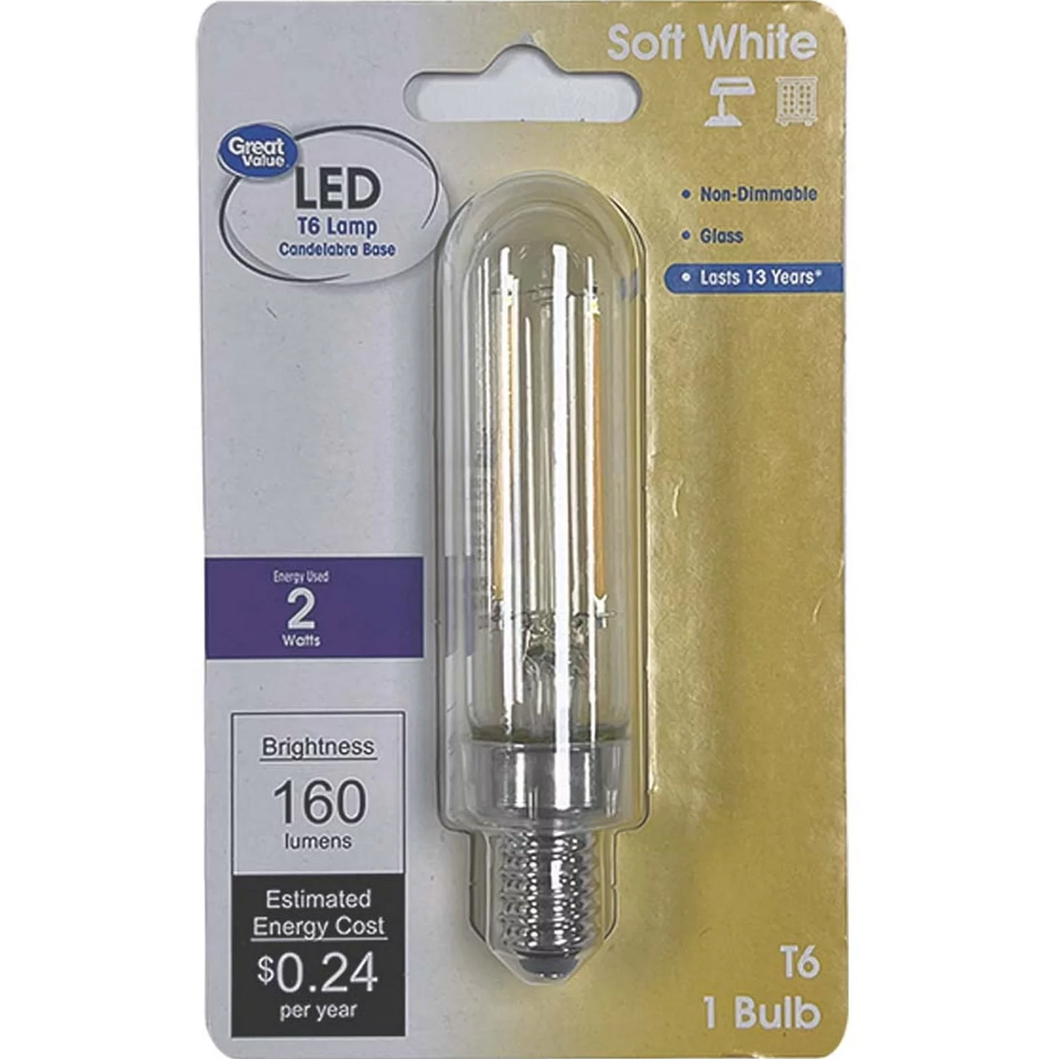 (2 pack) Great Value T6 LED 2W (15W Equivalent) Soft White Lamp E12 Candelabra Base Light Bulb