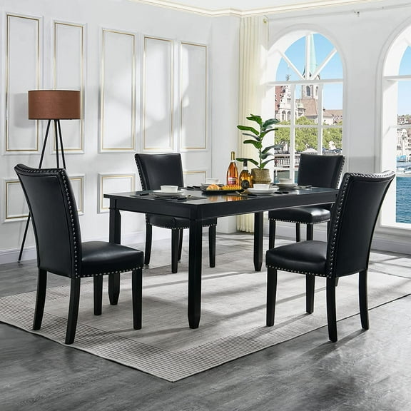 JESONVID Set of 4 Parsons Dining Chairs Faux Leather Kitchen Chair with Solid Wooden Legs Upholstered Soft Leather Padded Chairs with Nail-Head Trim-Black