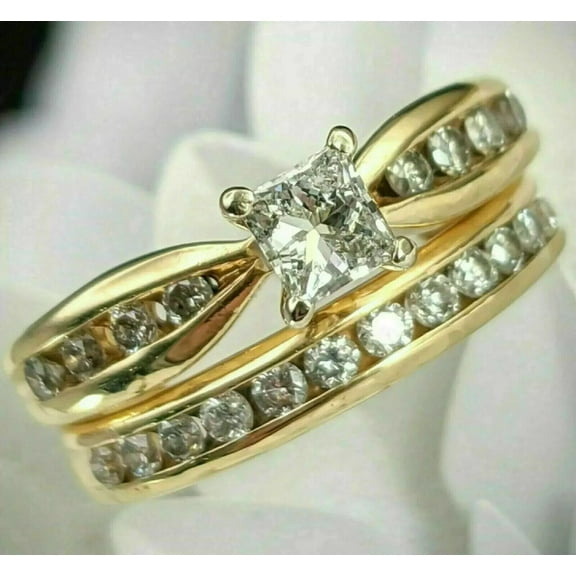 2.00CT Princess Cut Simulated Diamond Engagement Bridal Set Women's Band Ring Set 14k Yellow Gold Plated 925 Sterling Silver